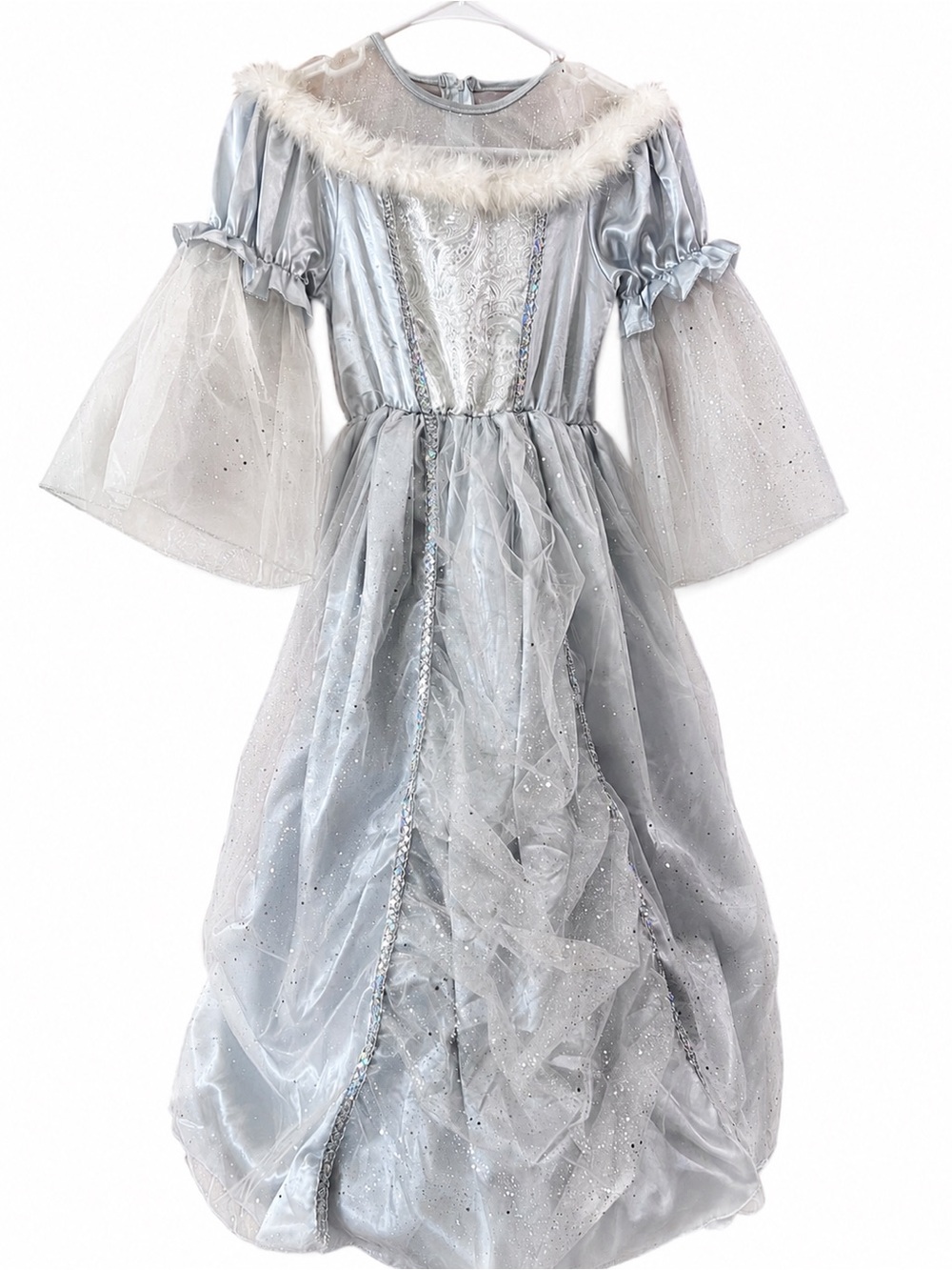 Silver Ice Princess Costume Dress Glitter Tulle Faux Fur Halloween BEAUTIFUL